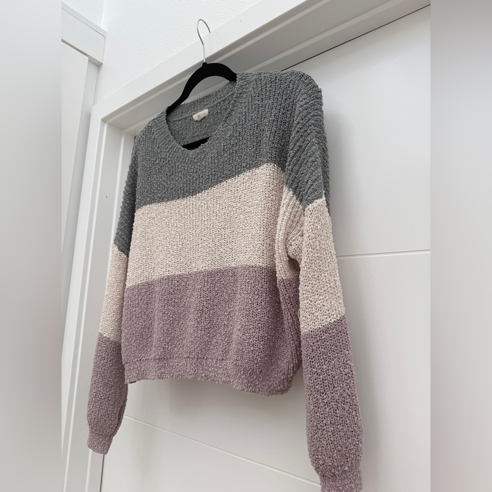 Debut Colorblock Knit Pullover Sweater Gray Cream Mauve Cozy Casual Fall Size M - Picture 3 of 6